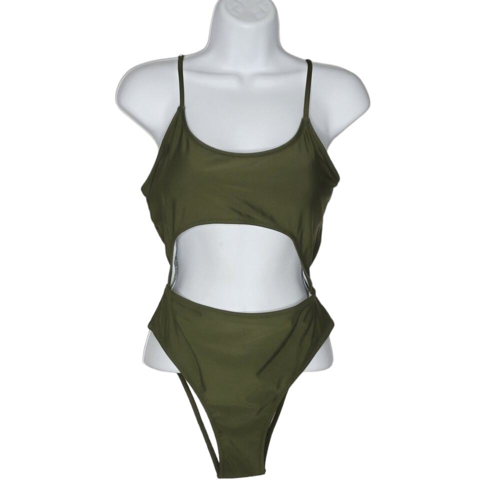 Olive Cutout One-Piece Swimsuit with High-Leg Silhouette